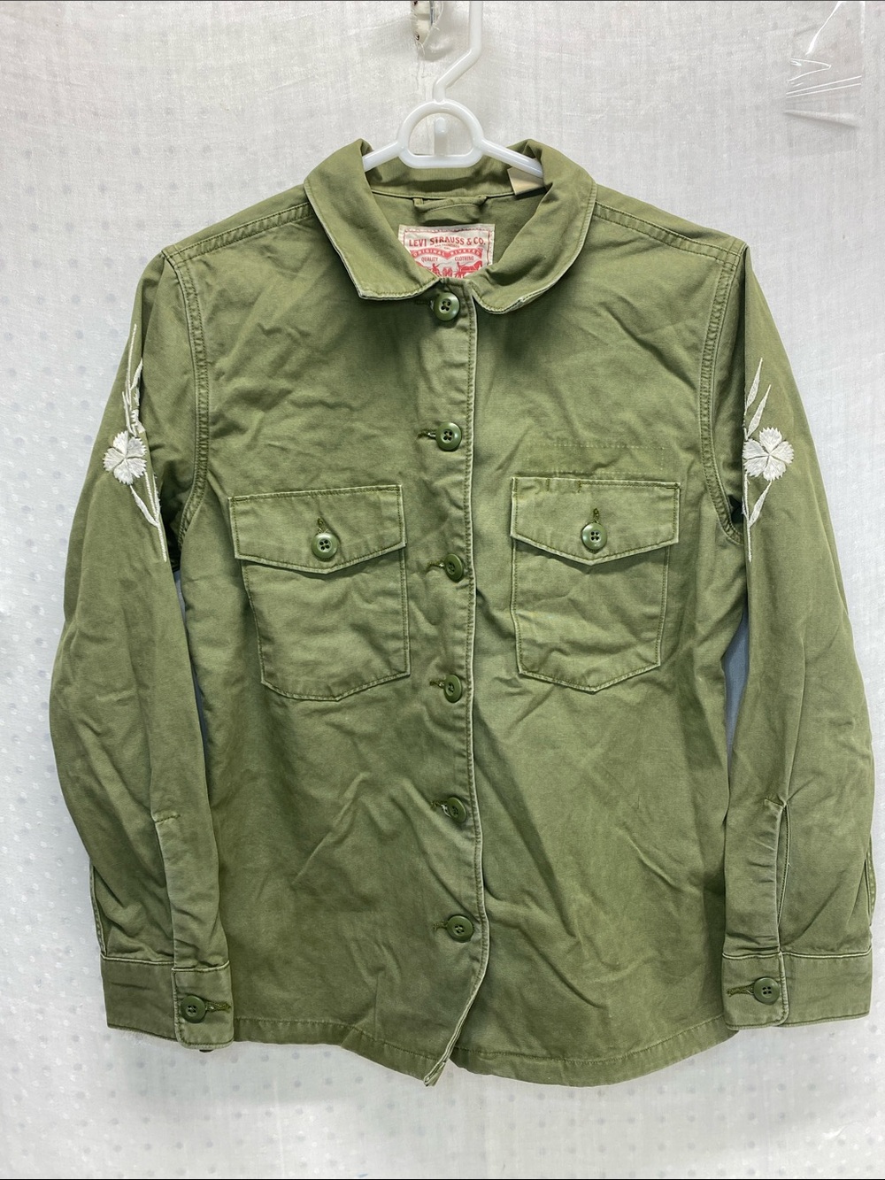 Levi Strauss Olive Green Utility Jacket with White Sleeve Embroidery Women's XS
